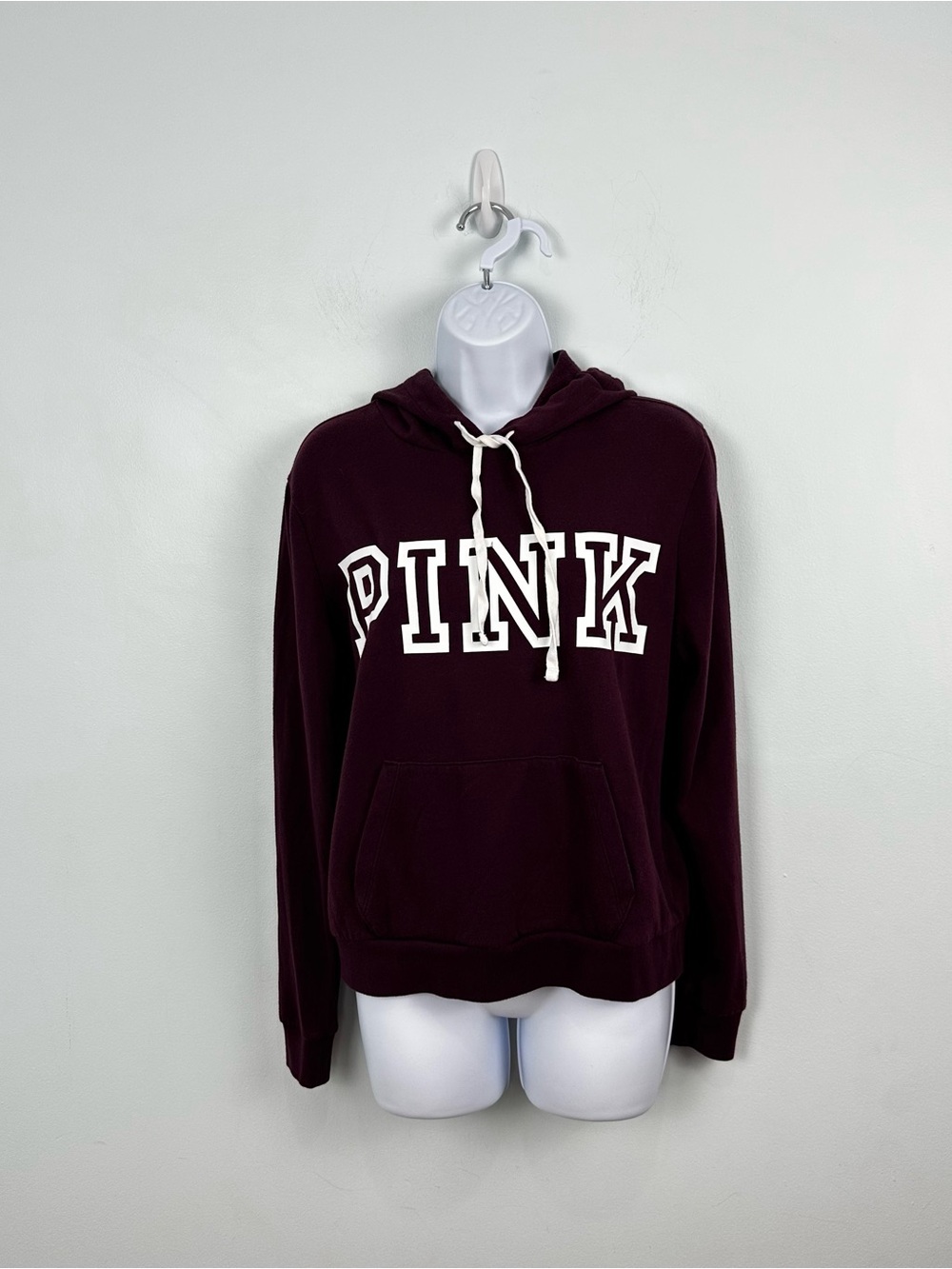 PINK Victoria's Secret Women Maroon Logo Pullover Hoodie Medium Kangaroo Pocket